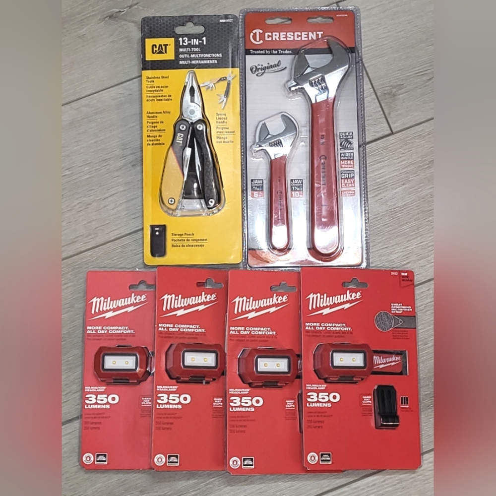 CAT 13in1 Multi-tool, Crescent Brand Wrenches (x2), Milwaukee Head lamp (x1)